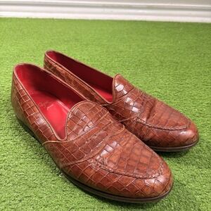 Alan Payne Mens‎ 11 Crocodile Leather Penny Loafer Shoes Fatto a Mano Red Lining